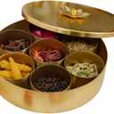Marble Lotus Handcrafted Brass Masala Dabba – 7 Compartment Indian Spice Box Set for Kitchen with Lid & Spoon | Traditional Kitchen Storage Organizer for Spices, Herbs & Seasonings, Medium
