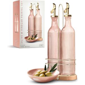 COOK WITH COLOR Glass Olive Oil Dispenser Bottle - 2 Pack, 17 oz Cruet - Elegant Carafe Decanter with Spout for Kitchen, Suitable for Vinegar, Coffee Syrups & Other Liquids (Pink with Bamboo Holder)