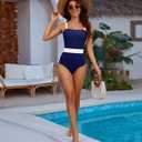 ETOSELL Womens One Piece Swimsuits Summer Tummy Control Bathing Suit Color Block Square Neck Slimming Swimwear (Blue, S)