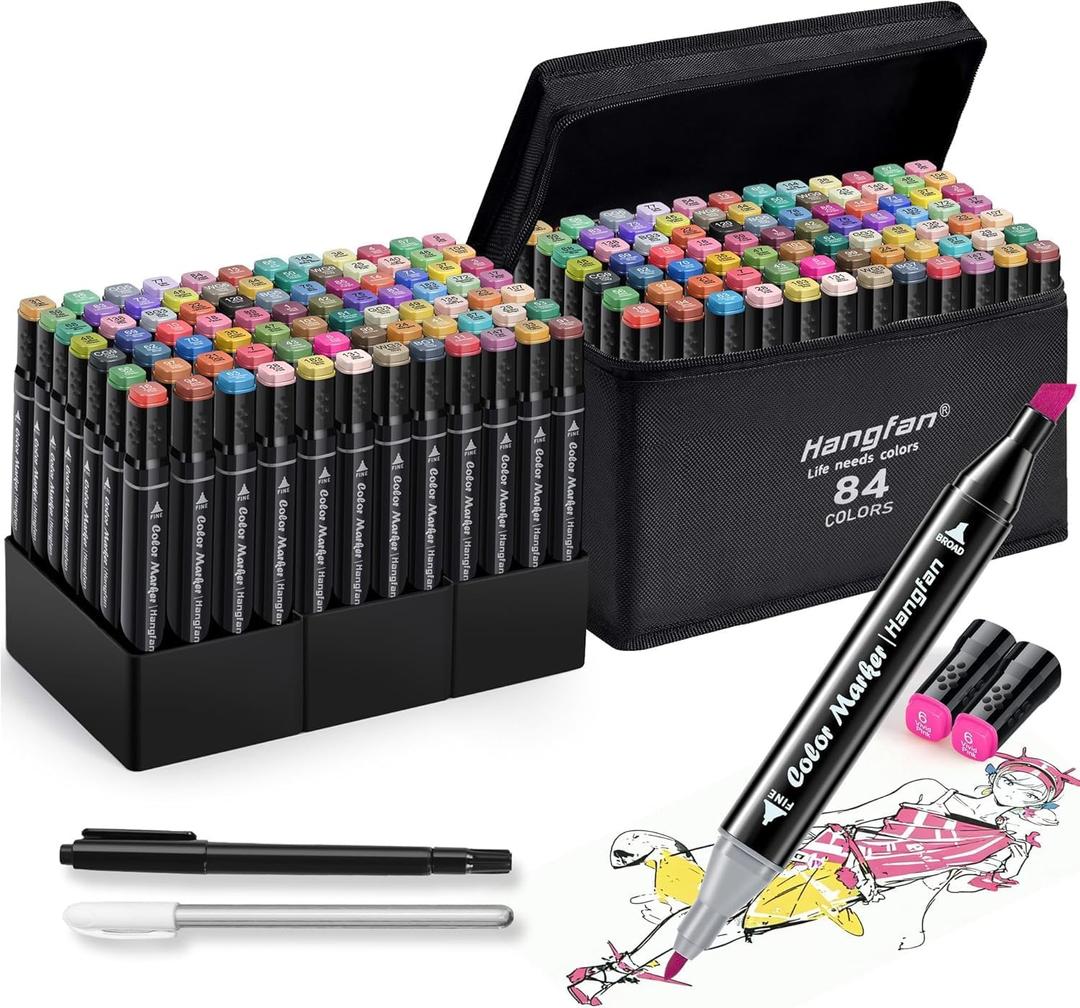 84 Colors Dual Tip Coloring Markers for Adults,Markers for Adults,Give 1 White Highlighter,1 Tracing Pen,Coloring Illustrations Sketch Drawing Painting Card Making(Black Pen Container)