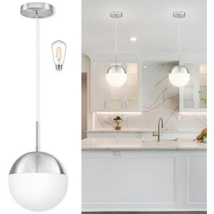 10 Inch Nickel Mid Century Modern Pendant Light Pendants for Kitchen Island Frosted Milky White Glass Globe Height-Adjustable Modern Hanging Globe Pendant Light for Bedroom (Bulb Incl)