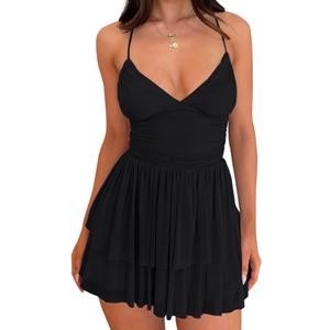 Women's Sexy V Neck Ruffled Hem Mesh Sleeveless Ruched Spaghetti Strap Flowy Mini Dress (Large, Black)