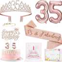35th Birthday Decorations Gifts for Women, Including 35 year old Birthday Cake Topper, Birthday Queen Sash with Pearl Pin, Sweet Rhinestone Tiara Crown, Number Candles and Balloons Set, Rose Gold