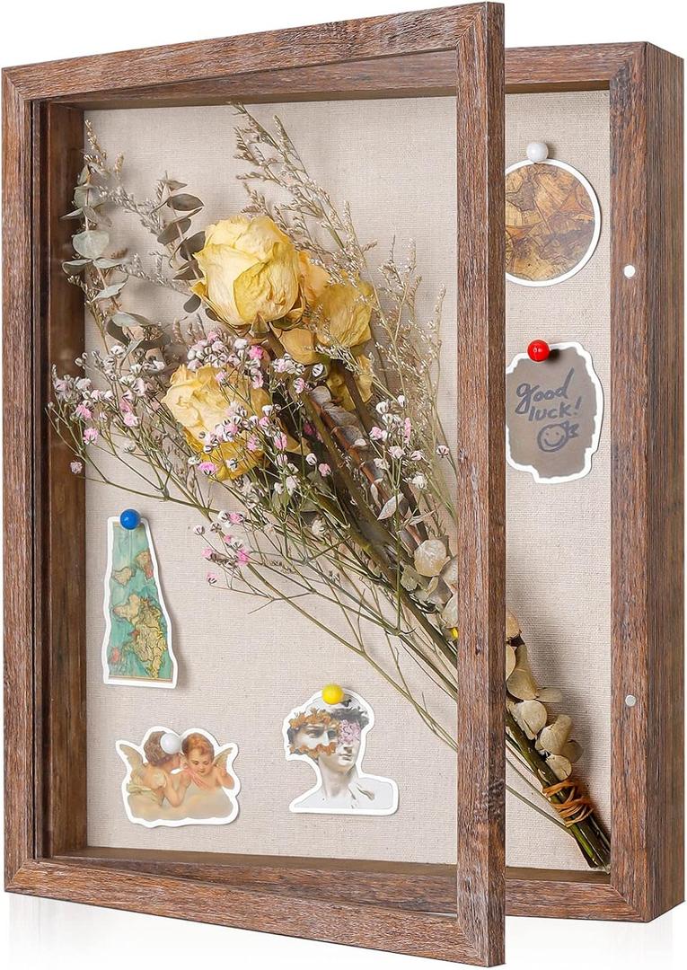 Califortree 11x14 Shadow Box Frame with Soft Linen Back - Sturdy Memory Display Case of Flower, Pictures, Medals and More, Rustic Brown