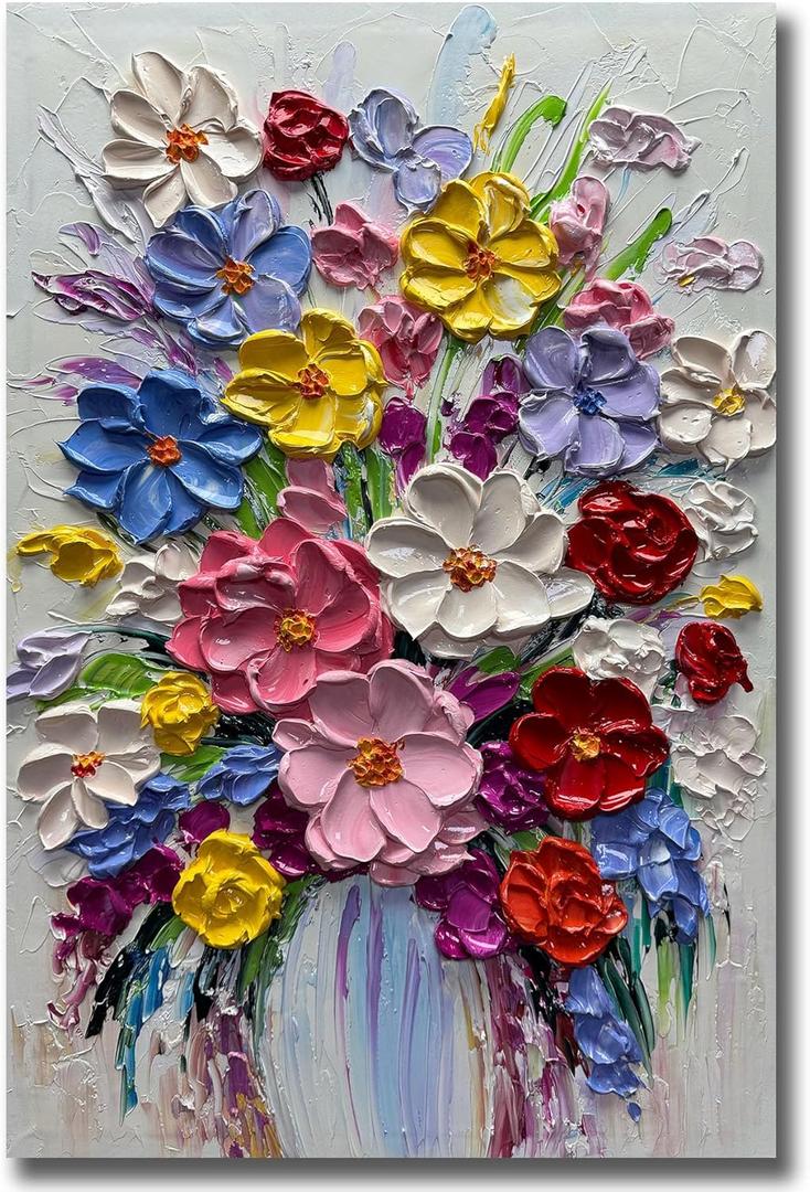 V-inspire Art,24 x 36 Inch Modern 100% Hand-Painted Abstract Oil Painting Colorful Bouquets Full 3D Flower Murals Living room Bedroom Wall Decoration