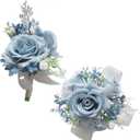 Corsage and Boutonniere Set for Bride Groom Bridesmaids Groomsmen Wedding Homecoming Flowers Prom Suit Accessories (Dusty Blue)