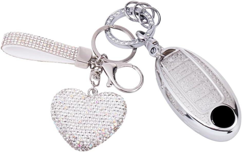 for Nissan Key Fob Cover Case Shell Keychain Rogue Sentra Altima Pathfinder Frontier Kicks Murano Versa Maxima Infiniti Accessory Accessories Bling Girly Women, 5 Button, Silver White TPU