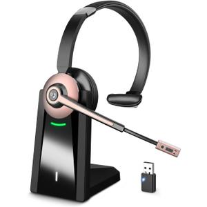 Wiressless Headset with Mic for Work, Bluetooth Headset with Noise Cancelling Microphone, On Ear Wireless Headphones with USB Dongle & Charging Base & Mute Function for Work from Home Computer Office