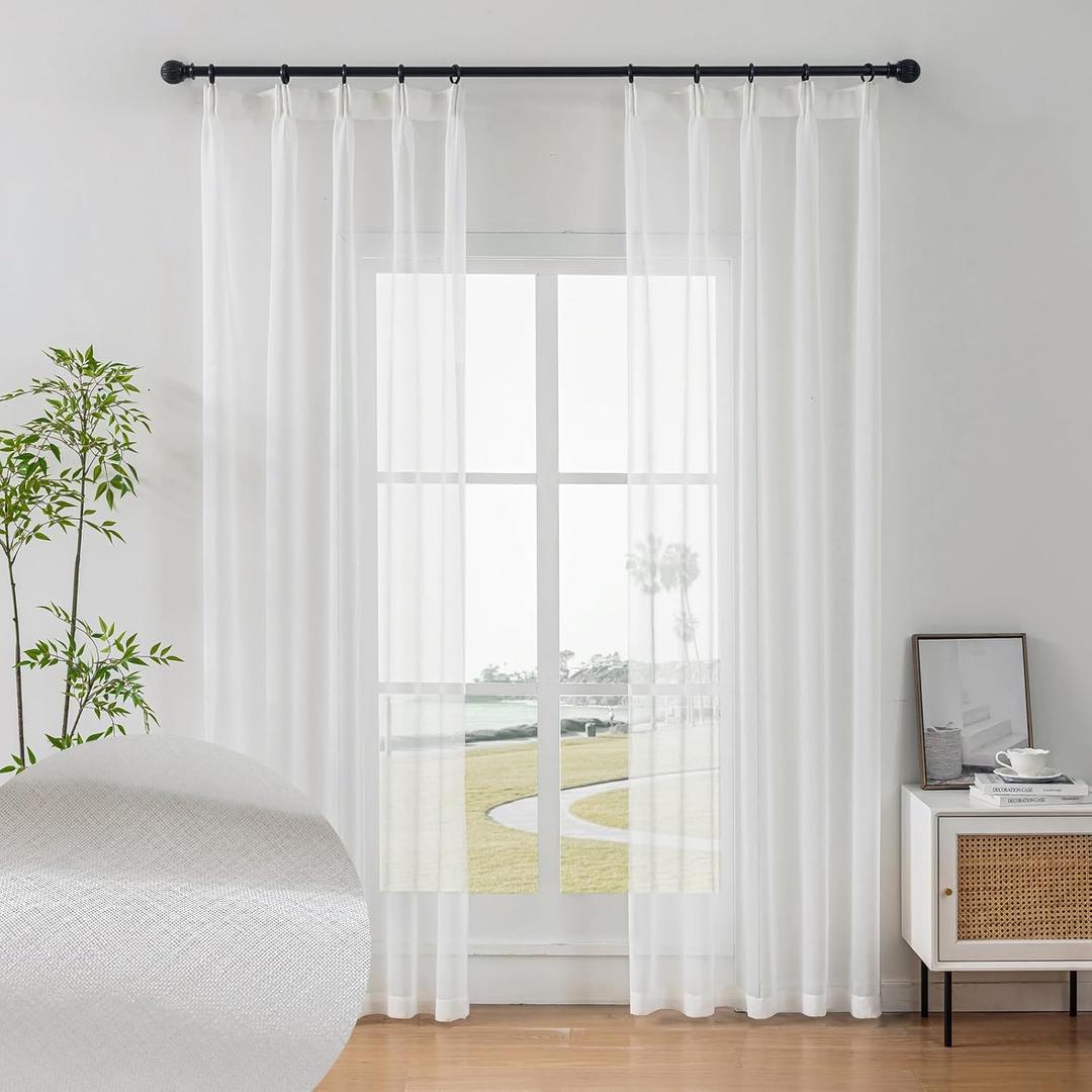 Off White Sheer Curtain Linen Look 84 Inches Long 2 Panels, Gauze Pinch Pleat Curtains & Drapes Light Filtering, Thin Semi Transparent Ceiling Curtains with Hook, Elegant Window Treatments