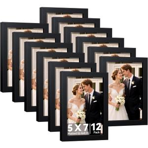 HappyHapi 5x7 Picture Frames Set of 12, Black Photo Frames, Display Pictures 4x6 with Mat or 5x7 without, Wall Hanging or Tabletop Display (Black)