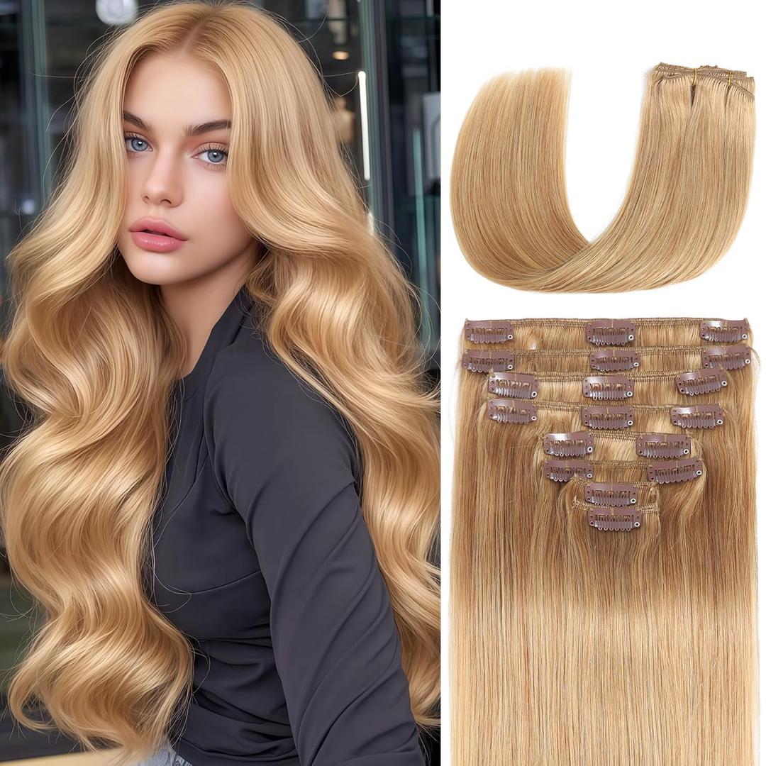 Clip in Hair Extensions Real Human Hair 22 inch 110g/3.9oz Straight Seamless Invisible Human hair Extensions Clip ins for Women Double Weft 8pcs #27-Honey Blonde