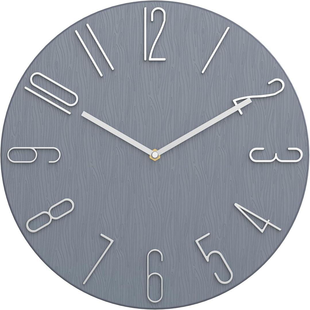 12 Inch Wall Clock Silent Non Ticking, 3D Relief Numbers Modern Style Decor Clock for Living Room Bedroom Kitchen Home Office School (Blue Grey)