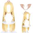 Anime Blonde Long Straight With Twin Braids Cosplay Wig for Women Halloween Costume Party Synthetic Wig+(Elf ear) (10066)