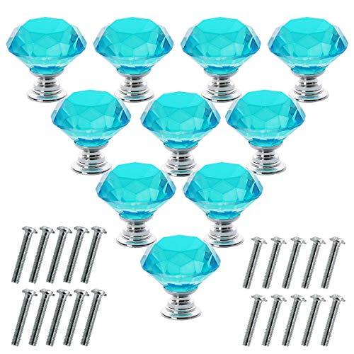 Akstore 10 Pcs Crystal Glass Cabinet Knobs 30mm Diamond Shape Drawer Kitchen Cabinets Dresser Cupboard Wardrobe Pulls Handles (Sky Blue), Missing 4 Knobs And Screws