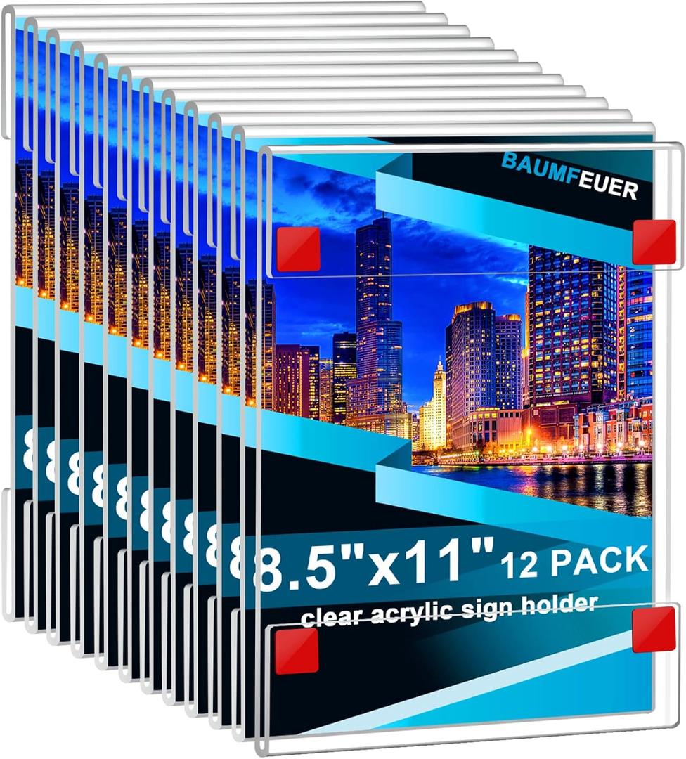 12 Pack Acrylic Sign Holder 8.5 x 11, Clear Plastic Wall Sign Holder with Adhesive Tape Wall Mount Display Stand Paper Holder for Menu, Office, Home, Store, Restaurant No Drilling Needed