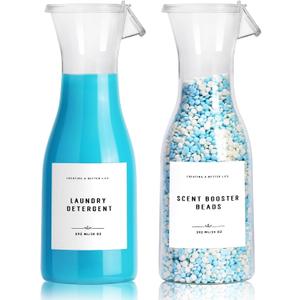 Laundry Detergent Dispenser Bottle 20oz with Waterproof Label for Laundry Detergent Soap Fabric Softener Bleach Scent Booster Beads, Sturdy PET Bottle for Laundry Room Decor 2 Pack White