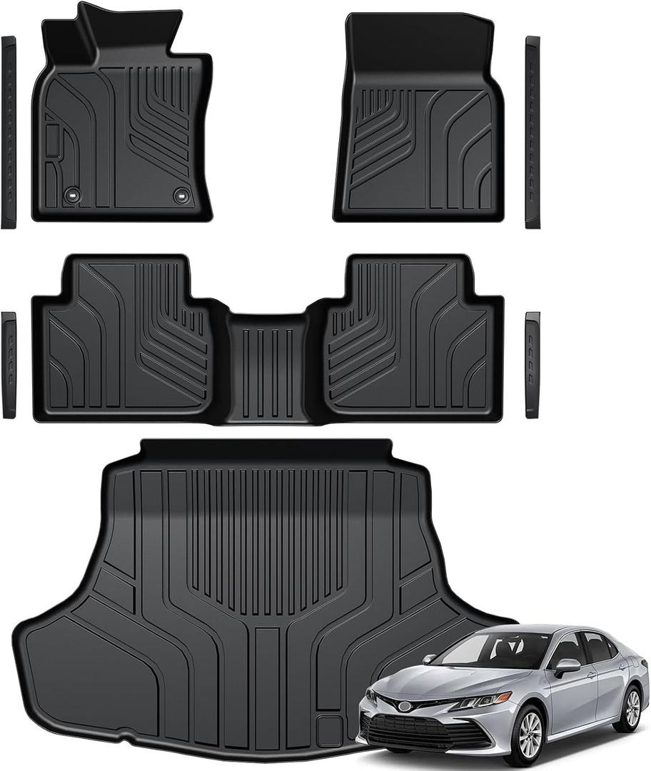 Floor Mats for Toyota Camry 2018-2024, All Weather Floor Mats Trunk Cargo Liner and Door Sill Guards Accessories, Full Coverage Set (Not fit AWD or Hybrid Models)