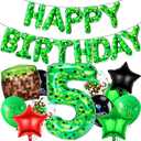 FANGBBO 40in Pixel Number 5 Balloon Birthday Decorations, Miner Theme Foil Balloons banner Blast Gaming Party Supplies