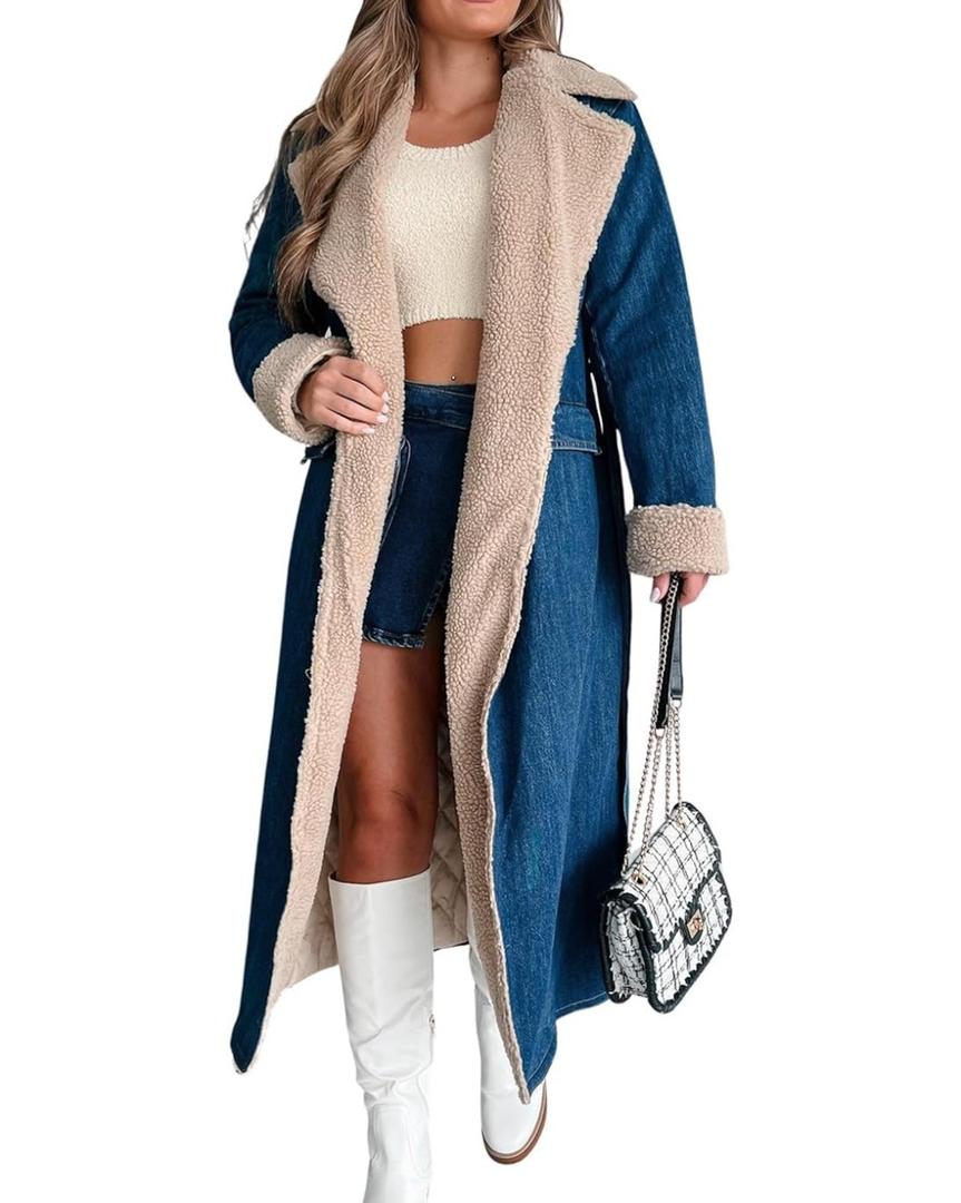 yoeasy Womens Warm Winter Sherpa Fleece Lined Long Denim Coat Windproof Thick Denim Trench Coat with Belt L