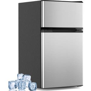 Electactic 3.2 Cu.Ft Mini Fridge with Freezer, Compact Refrigerator with 2 Doors, Small Fridge with Adjustable Thermostat & Removable Glass Shelves for Bedroom, Office, Dorm, or Apartment, Silver