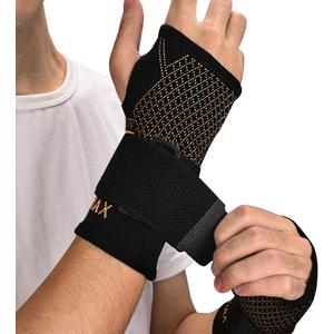 INDEEMAX Copper Wrist Compression Sleeve 1 Pair, Comfortable Hand Brace Support with Strap for Arthritis, Tendonitis, Sprains, Workout, Carpal Tunnel - Left & Right - Women and Men (Black New)