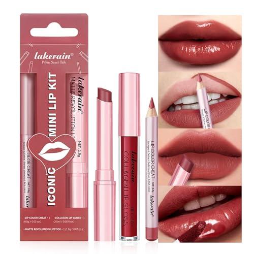 3PCS Lip Liner and Lipstick Combo Set - Matte Lip Liner Pencil, Velvet Matte Lipstick & Hydrating Collagen Lip Gloss - Long-Lasting, Smudge-Proof, High Pigment Nude Brown Lip Makeup Kit (#2 Red Rose)
