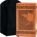 Deer Carving Wood Urns for Human Ashes Adult Man - 250 Cubic Inch Cremation Urn Box for Ashes Adult Male, Funeral Memorial Decorative Urn with Satin Bag