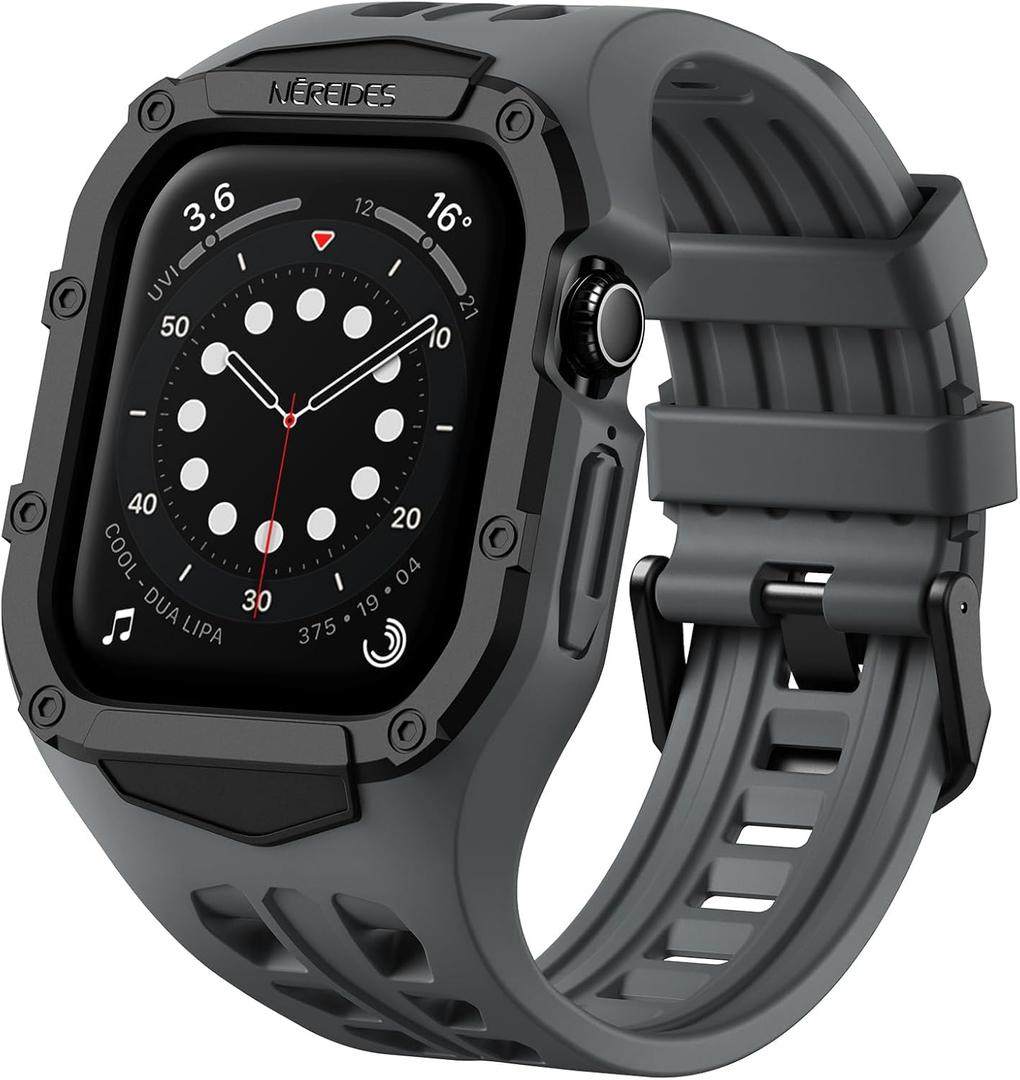 Nereides Rugged Case with Band for Apple Watch Series 9/8/7/6/5/4/SE 3/SE 2/SE 44mm/45mm, Breathable TPU Sport Strap + PC Protective Bumper, Shock-Resistant, Sweat & Water-Resistant (Gray)