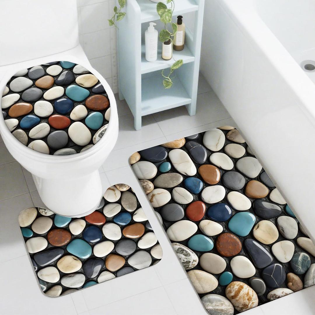 peacoblue Pebble Bathroom Rug Set, 3 Piece Bath Mats | Includes Toilet Lid Cover and Contour Mat, Non Slip Washable Bathroom Rugs for Tub Bedroom Kitchen Home Decor