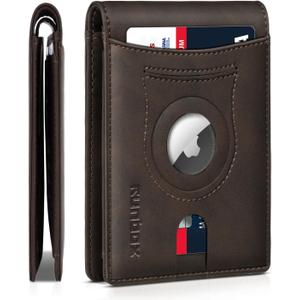RUNBOX AirTag-Wallet-Mens-Slim-RFID Blocking Wallets Leather with Bill Compartment Air Tag Bifold Card Holder Wallet Gifts for Men Dad (Bicolor Crazy Horse Dark Brown)