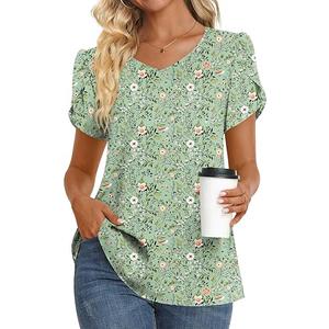 HOTGIFT Womens Tunic Tops 2025 Summer Short Sleeve V Neck Chiffon T Shirt M-3XL (Large, V/Gray-purple Flower)