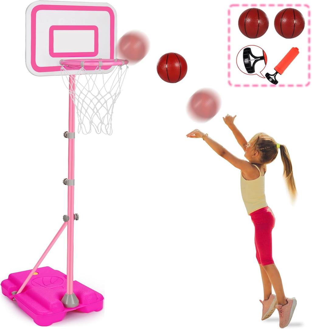 Toddler Basketball Hoop for Girls Pink Basketball Goals Adjustable Height 2.9ft-6.2ft Kids Basketball Hoop Indoor Outdoor Play Outside Backyard Toys for 3 4 5 6 Year Old Girl Birthday Easter Gifts