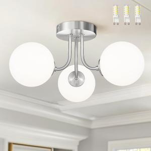 3-Globe Brushed Nickel Semi Flush Mount Ceiling Light in a Modern Farmhouse Design is Ideal for Living Rooms, Bedrooms, or Dining Rooms. Model:CKCL4845-3W-BN