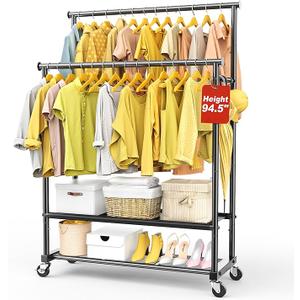 Double Rod Clothing Rack Heavy Duty with Oxford and Mesh Bottom Shelves, Garment Racks for Hanging Clothes, Portable Wardrobe Rack, Metal Clothes Rack Sturdy Coat Rack for Bedroom Laundry Living Room