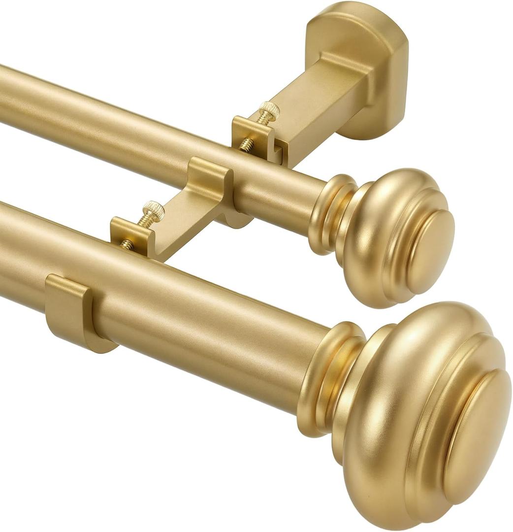 1 1/8 Inch Heavy Duty Double Curtain Rods for Windows, 36-72inch(3-6ft) Adjustable Length Telescoping Dual Drapery Rod Set with Solid Aluminum Bracket for Porch, Floor-to-ceiling Windows, Warm Gold