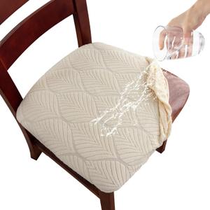 Gute Chair Cover Seats,Suede Chair Cover Seat with Elastic Ties and Button,Removable Washable Dining Upholstered Chair Protector Seat Cushion Slipcovers for Dining Room,Office(Beige Leaf,Pack-4)