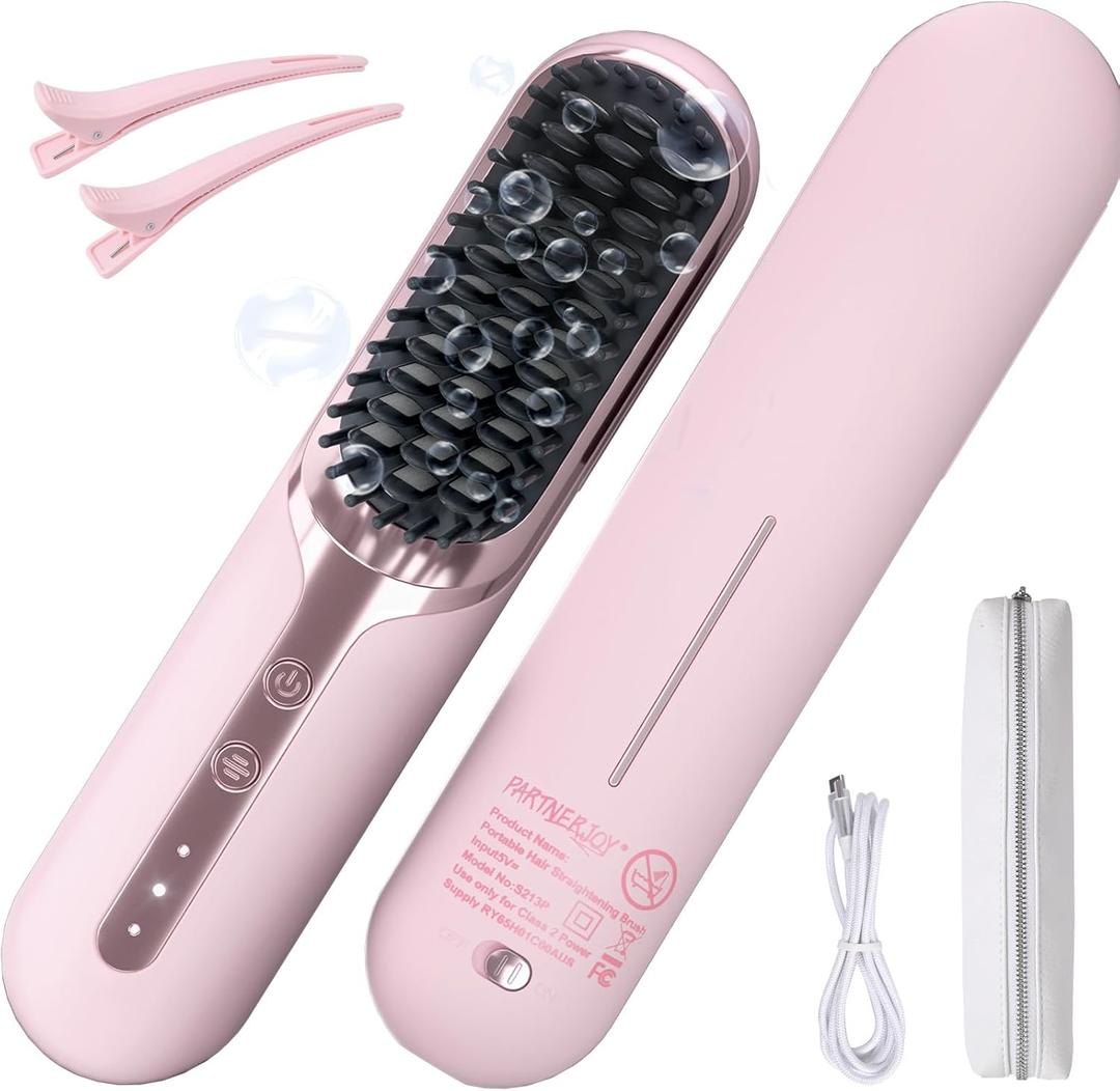 Hair Straightener Brush- Cordless Hair Straightener Brush for Short Hair,3 Heat Settings for All Hair Types, on-the-go Straightening Brush-Mini Portable Travel Straightening Hair Comb Brush