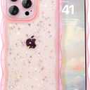 IAIYOXI Case for iPhone 12 - Curly Wave Edge Design, Bling Glitter Star Shiny Case, Cute Pink Clear Full Protection Soft TPU Shockproof Cover for Women and Girls (iPhone 12, Pink)