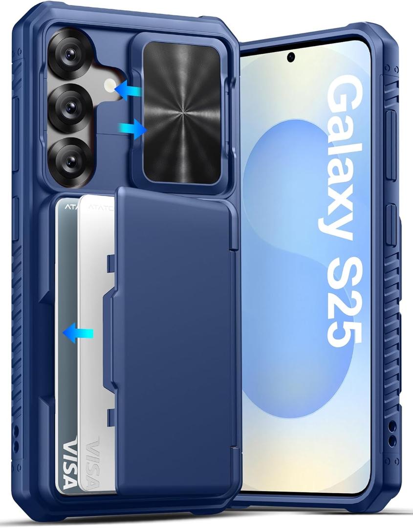 ATATOO for Samsung Galaxy S25 Wallet Case, Built-in Card Holder (3-5 Cards) & Slide Camera Cover & RFID Blocking, Military Grade Protection, Rugged Shockproof Phone Case for Galaxy S25 6.2", Blue