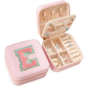 SANDJEST Personalized Jewelry Box, Pink Travel Jewelry Box with Initial E, Small Monogrammed Jewelry Case Organizer for Girls Women Teen Kids, Mini Travel Essentials Gifts for Birthday Christmas