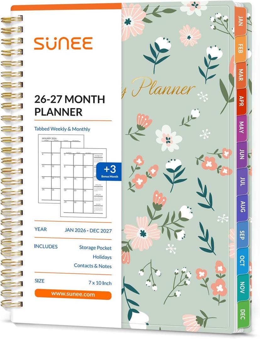 SUNEE 20262027 Monthly Planner  Large 7" x 10" Organizer with Tabs, Note Pages, 100 GSM Paper, 24-Month Calendar, Spiral Bound, Flexible Cover for Office, School, Women, Men, Green Wildflowers