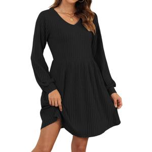 AUSELILY Womens Fall Dress 2025 Long Sleeve V Neck Short Dress Lightweight Casual Knit Sweater Dresses with Pockets (Small, Black)