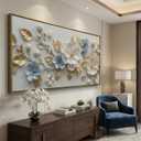 Blue Gold Floral Wall Art 57X28in Elegant Flower Canvas Print with Wood Tone Frame, Modern Gold Leaf Floral Framed Wall Decor for Living Room Bedroom Office, 58"L x 28"W