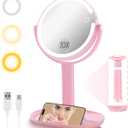 Vanity Makeup Mirror with Lights, 10X/1X Double Sided Magnifying Light up Desk Mirror with Stand Cosmetic Organizer, 3 Color Brightness Adjustable 360 Rotation Detachable for Travel