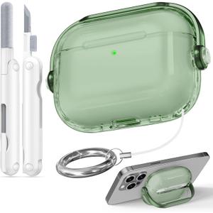 for Airpods Pro 3 Case,Safety Lock Cases for Apple Airpod Pro 3 (2025) with Phone Stand & Cleaner Kit,Drop Protection Air pods Pro3 Case Cover for Men Women with Keychain,Clear Green