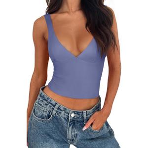 REORIA Women's Summer Sexy Casual Deep V Neck Sleeveless Slim Fit Cropped Corset Cami Fashion Trendy Y2k Going Out Crop Tank Tops Blue Nova Small (S)