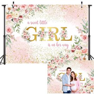 A Sweet Little Girl is on Her Way Banner Backdrop 2.1x1.5m Sweet Girl Baby Shower Photography Background Pink Floral Sweet Baby Shower Party Decorations Photo Booth Props