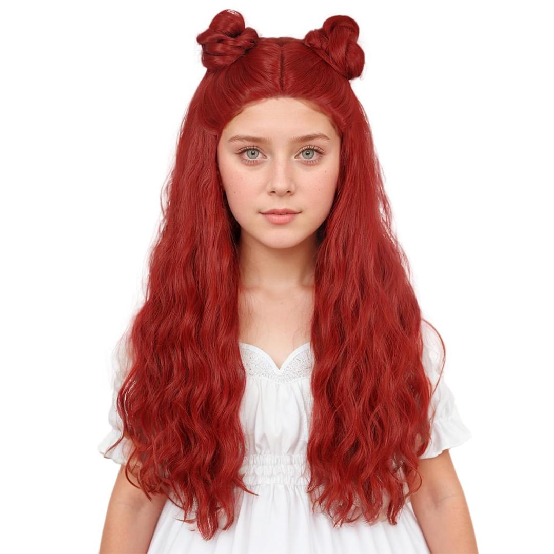karlery Girls Long Red Curly Wig with Buns Halloween Cosplay Party Costume Wig