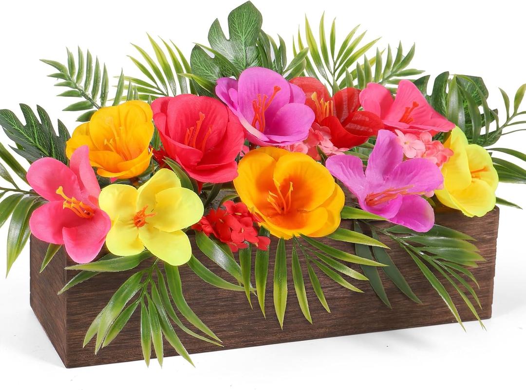 Dlerom Hawaiian Table Centerpieces Artificial Hibiscus Flowers Arrangements Wooden Crate, Wooden Planter with Tropical Palm Leaves for Summer Beach Tiered Tray Shelf Table Home Aloha Luau Party Decor