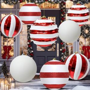 8 Pack 8'' 6'' Extra Large Christmas Ornament Balls for Tree Decoration, Giant Glitter Candy Cane Xmas Balls Red White Jumbo Plastic Hanging Baubles for Home Indoor Outdoor Holiday Party